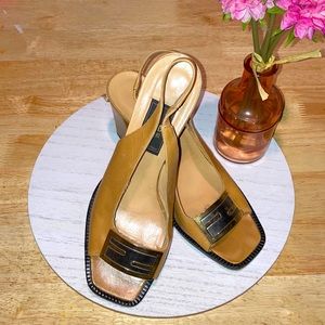 FENDI FF logo slingback sandals, open toe pumps with block heel. Size 38